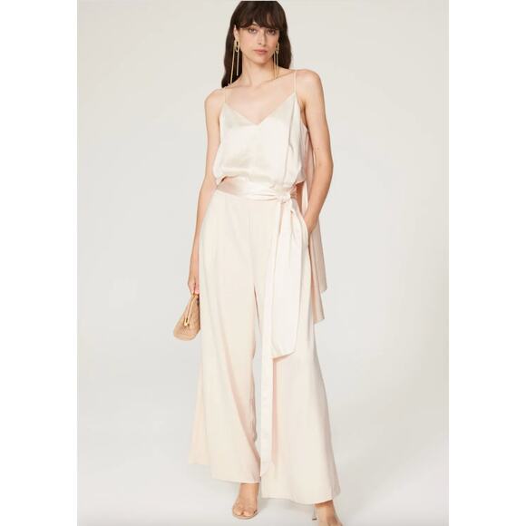 Obando Jumpsuit Womens 12 Cream Satin Wide Leg Tie Waist Formal Party Flowy - Picture 1 of 15